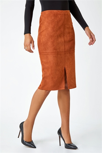 Brown Suedette Pencil Stretch Skirt