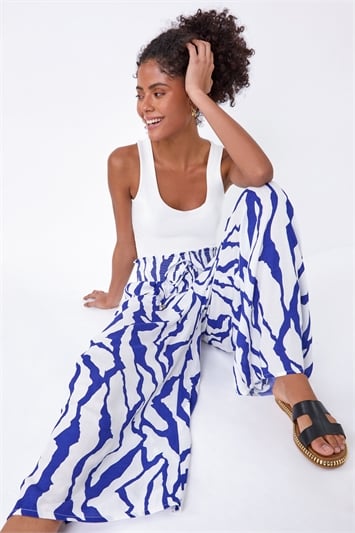 Blue Animal Stretch Shirred Wide Leg Trousers