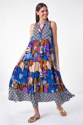 Blue Boho Floral Print Smock Maxi Dress