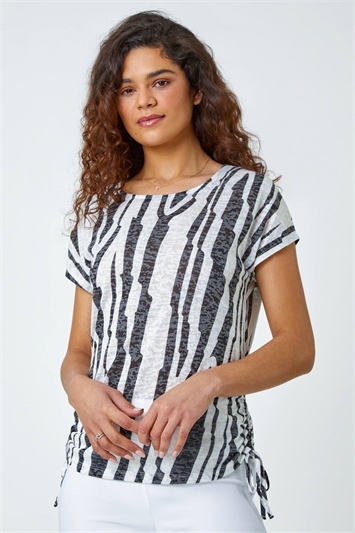 Black Abstract Stripe Side Tie Stretch Top