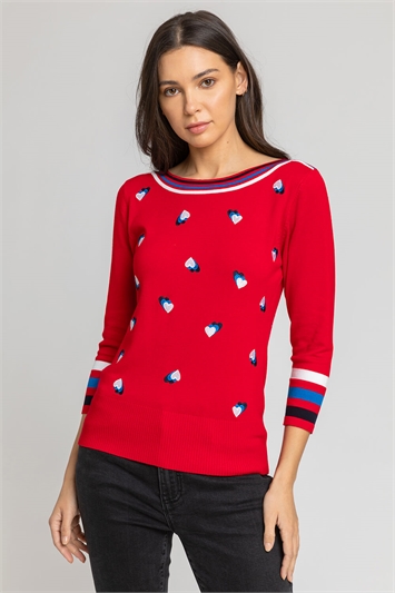 Red Heart Embroidered Stripe Print Jumper