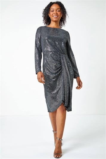 Metallic Petite Sequin Drape Detail Stretch Dress