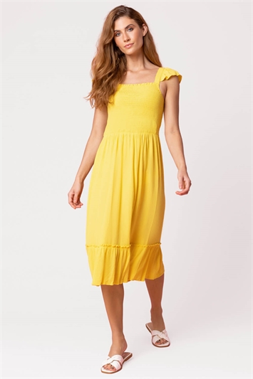 Yellow Shirred Bodice Frill Detail Midi Dress, Image 3 of 4
