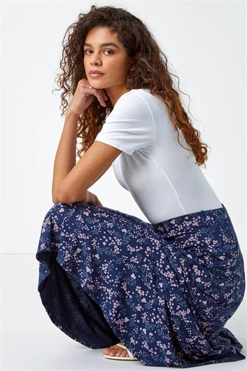 Blue Floral Print Stretch Midi Skirt