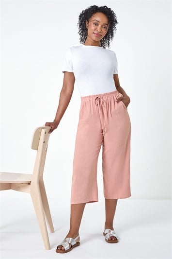 Pink Petite Linen Mix Wide Cropped Trousers