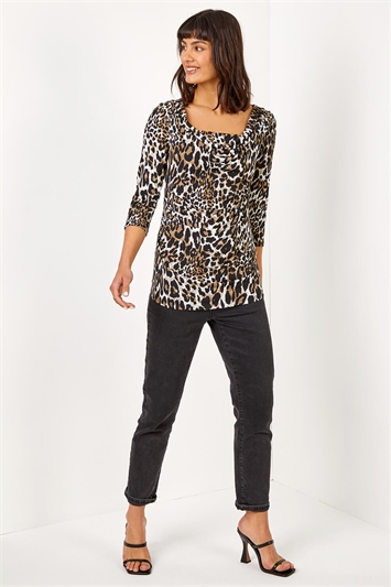 Tan Animal Print Cowl Neck Stretch Top, Image 3 of 5