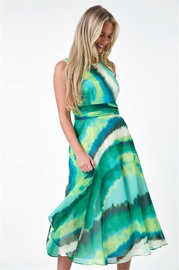 Green Petite Sleeveless Abstract Print Midi Dress