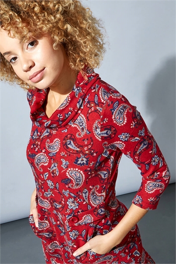 Red Paisley Print Cowl Neck Dress, Image 4 of 4