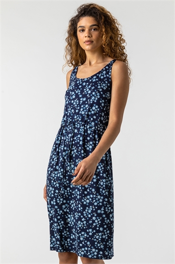 Navy Ditsy Floral Elasticated Dress