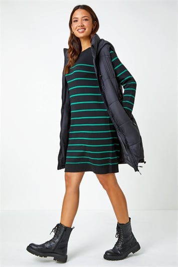 Green Stripe Print Knitted Jumper Dress
