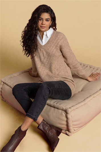 Camel Shirt Collared Cable Knit Jumper, Image 5 of 5