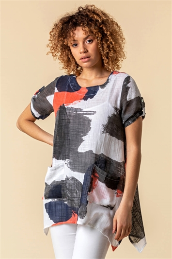 Orange Abstract Print Longline Tunic Top