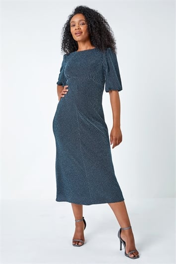 Blue Petite Metallic Stripe Midi Stretch Dress