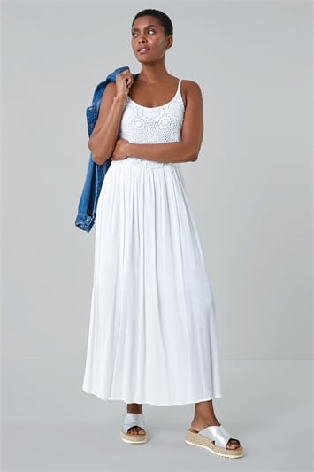 White Lace Bodice Shirred Midi Dress