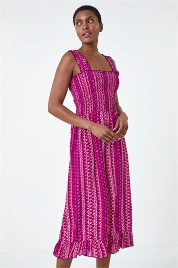 Pink Abstract Stripe Shirred Bodice Midi Dress