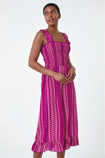 Pink Abstract Stripe Shirred Bodice Midi Dress