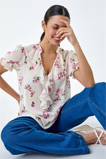 White Textured Spot Floral Print Frill Top
