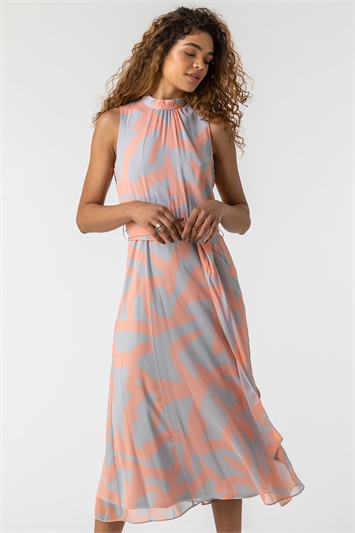 Light Pink Abstract Print High Neck Midi Dress