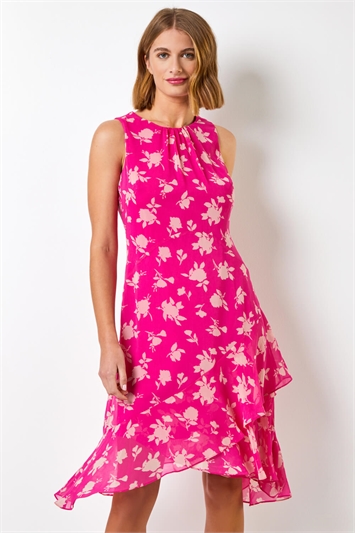 Pink Floral Print Frill Detail Dress