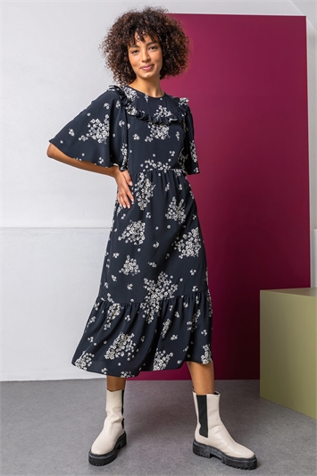 Black Floral Print Yoke Maxi Dress, Image 3 of 5