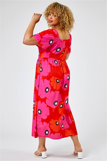 Red Curve Floral Print Square Neck Midi Dress, Image 2 of 6