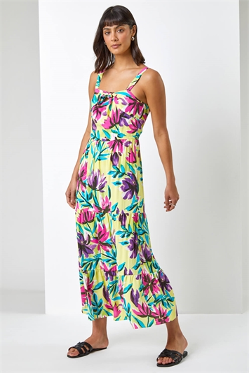 Lime Floral Print Tiered Knot Dress, Image 3 of 5