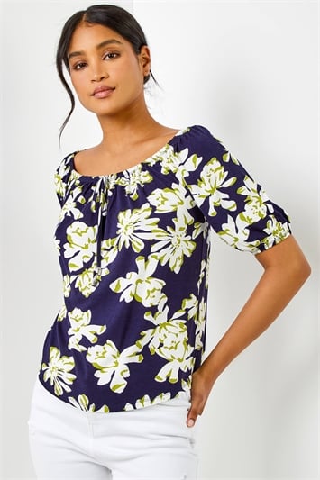 Navy Floral Print Stretch Bardot Top, Image 1 of 5