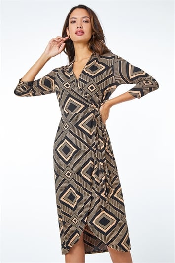 Cream Geometric Stretch Wrap Midi Dress