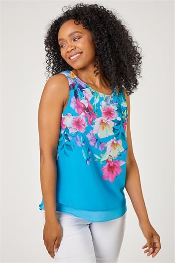 Turquoise Petite Floral Print Chiffon Overlay Top, Image 1 of 5