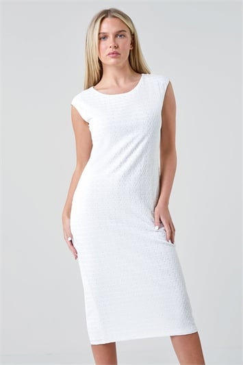 White Petite Textured Crochet Midi Dress