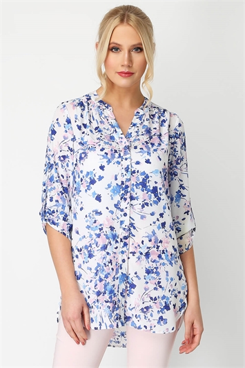Blue Floral Print Roll Sleeve Shirt