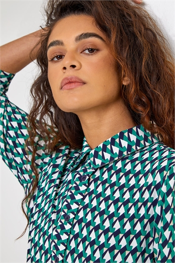 Green Geometric Print Tie Waist Midi Shirt Dress, Image 4 of 5