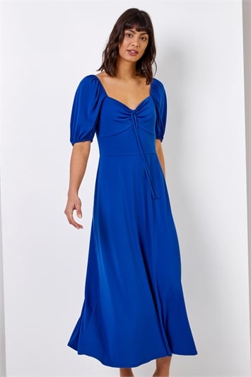 Royal Blue Ruched Jersey Tie Detail Midi Dress, Image 1 of 4