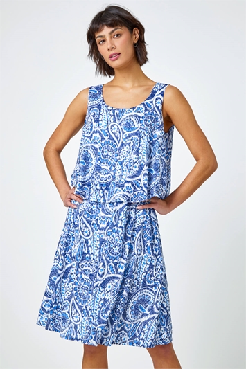 Blue Sleeveless Paisley Print Overlay Dress