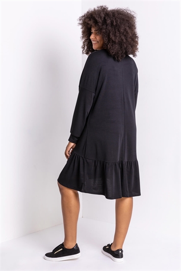 Black Curve Frill Hem Long Sleeve Dress, Image 2 of 4