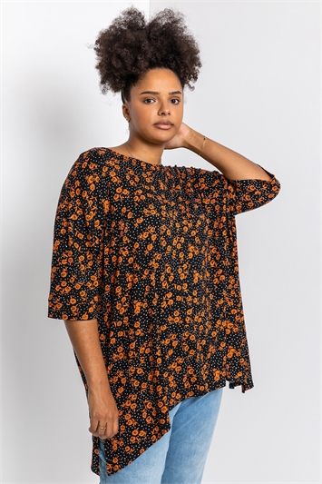 Rust Curve Ditsy Floral Print Tunic Top