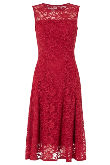 Glitter Lace Fit and Flare Dress in Red - Roman Originals UK