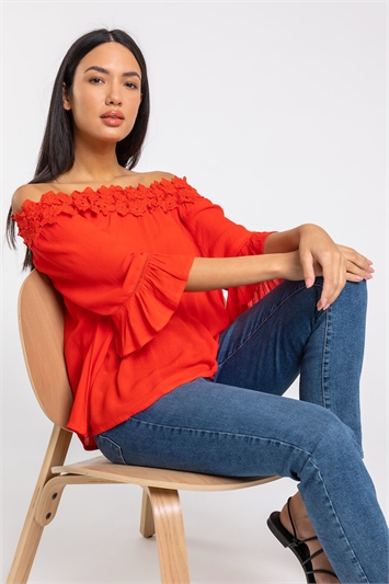 Red Lace Trim Bardot Top, Image 4 of 5