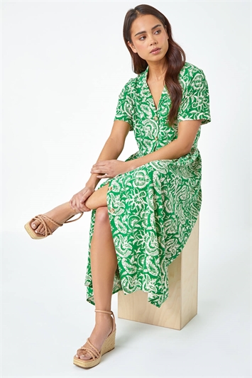 Green Petite Floral Print Midi Tea Dress