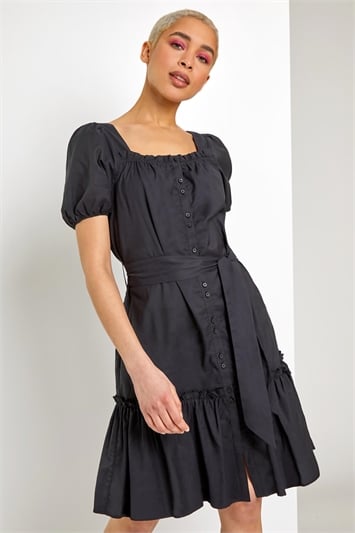 Black Puff Sleeve Tiered Square Neck Dress, Image 1 of 5