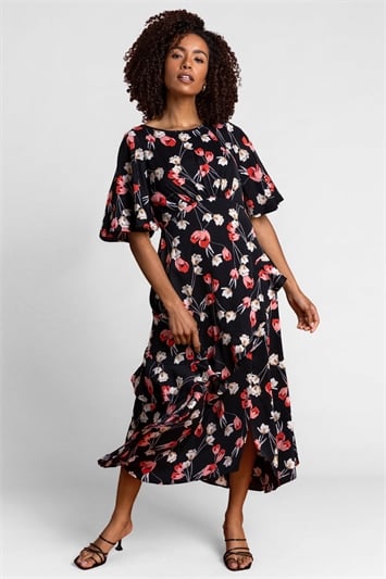 Black Floral Print Chiffon Midi Dress, Image 2 of 5
