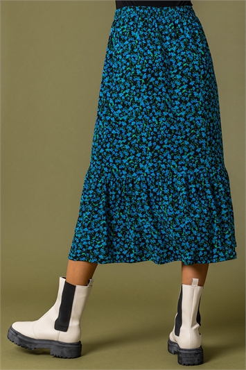 Floral Curved Hem Midi Skirt in Blue - Roman Originals UK