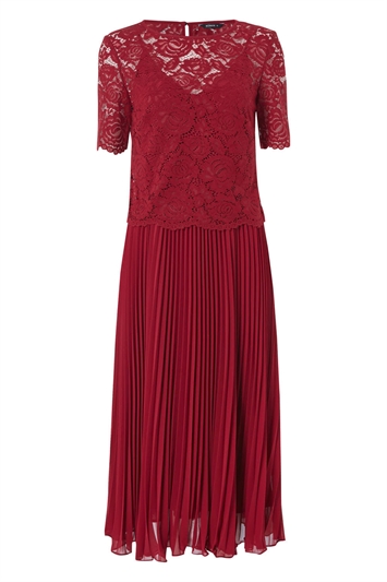 Wine Lace Top Overlay Pleated Midi Dress, Image 6 of 6