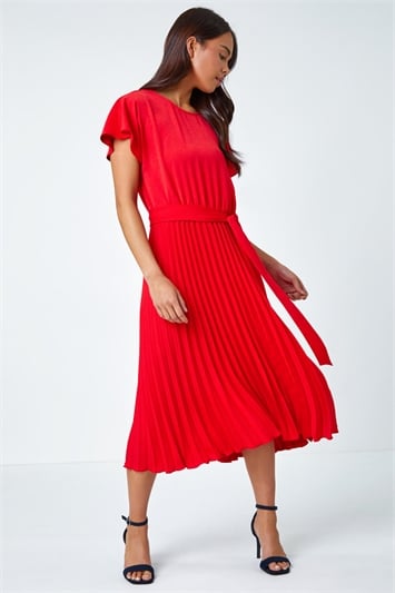 Red Petite Plain Pleated Skirt Midi Dress