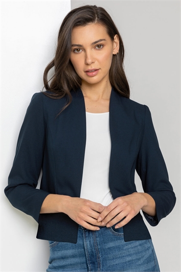 Navy Cropped High Collar Crepe Jacket, Image 1 of 4