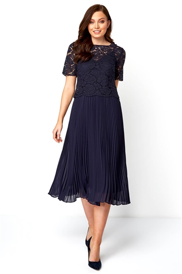 Navy Lace Top Overlay Pleated Midi Dress, Image 2 of 5
