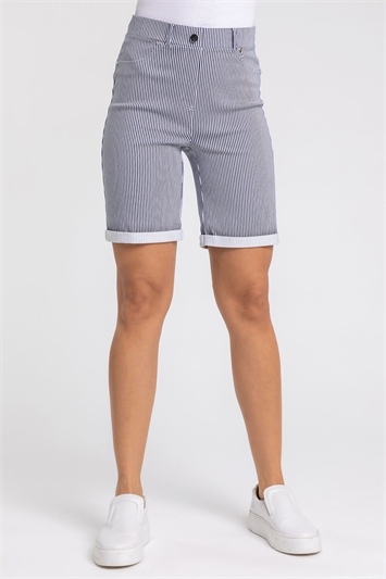 Navy Stripe Print Turn Up Stretch Shorts, Image 2 of 5