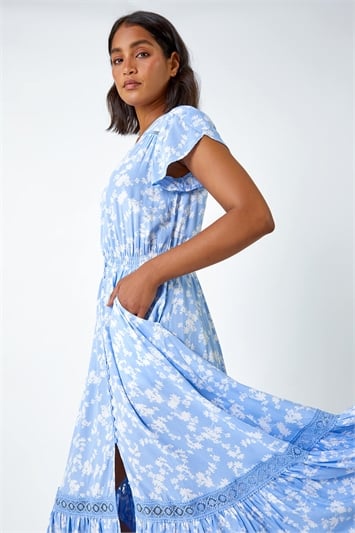 Blue Floral Lace Detail Midi Dress