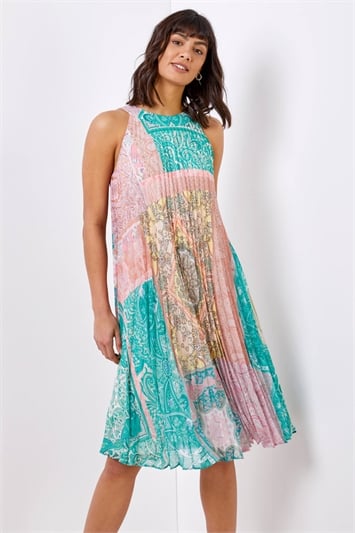 High Neck Paisley Pleated Swing Dressand this?