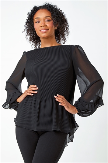 Black Petite Pleated Frill Detail Top